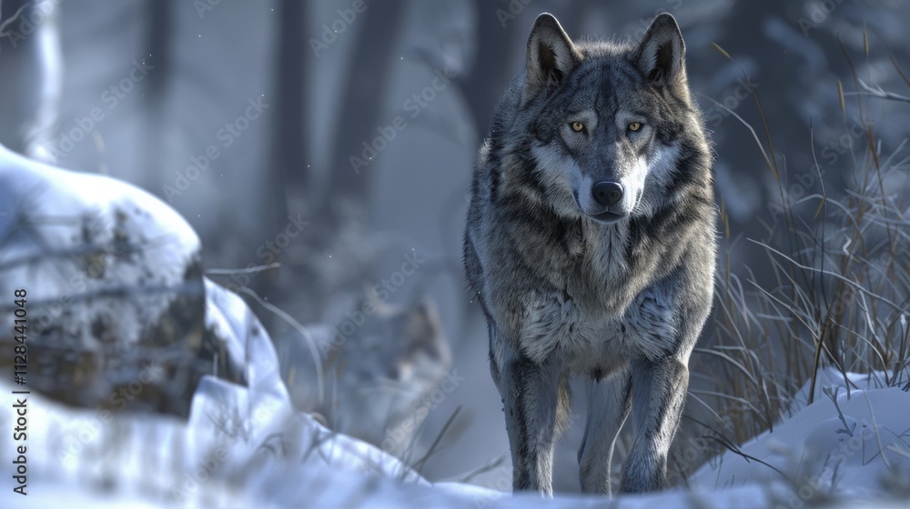 Majestic wolf walking through a snowy winter forest, fur blending seamlessly with the cold surroundings while navigating the frosted landscape in search of food and adventure Majestic wolf walking through a snowy winter forest, fur blending seamlessly with the cold surroundings while navigating the frosted landscape in search of food and adventure