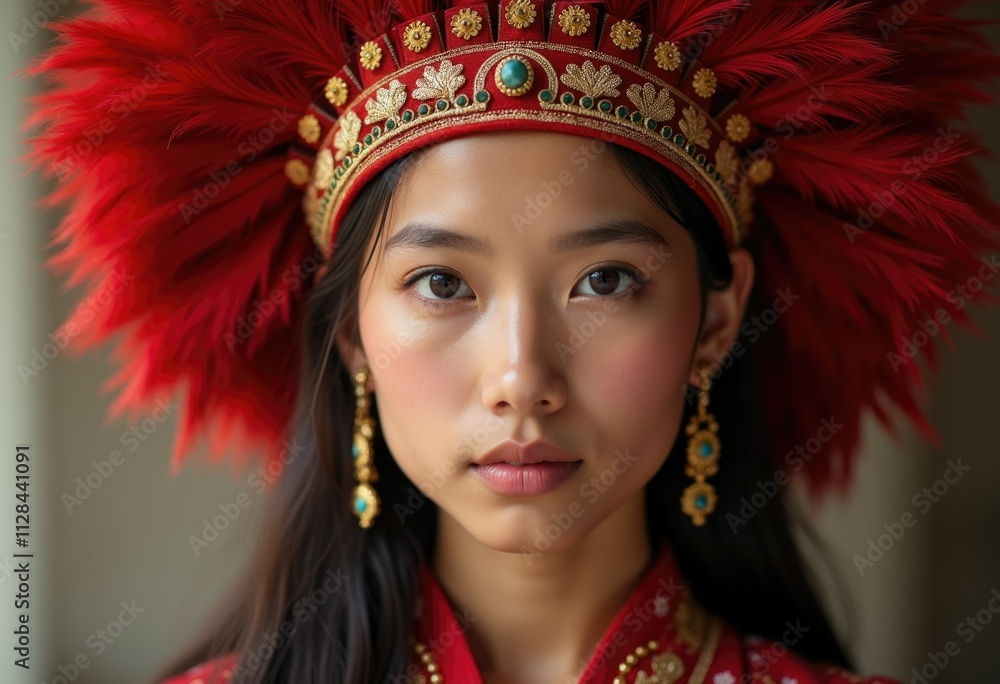 Fototapeta premium A woman with long black hair wears a red feathered headdress with gold and turquoise embellishments.