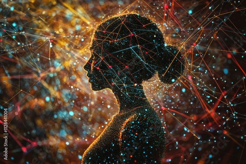 Abstract image of a female head, from which come numerous colorful particles or cubes