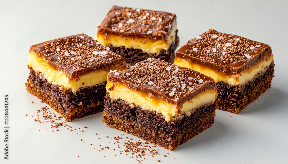 Delicious layered dessert squares with chocolate and creamy filling, isolated view. Delicious layered dessert squares with chocolate and creamy filling, isolated view.