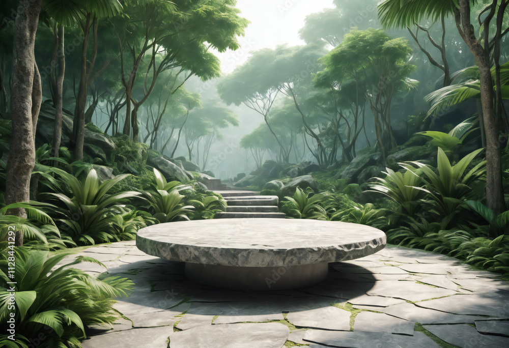 Stone platform in tropical green product presentation. Stone podium mockup. Tropical mockup. stone podium mockup perfect for your busniness. Generated with ai Stone platform in tropical green product presentation. Stone podium mockup. Tropical mockup. stone podium mockup perfect for your busniness. Generated with ai