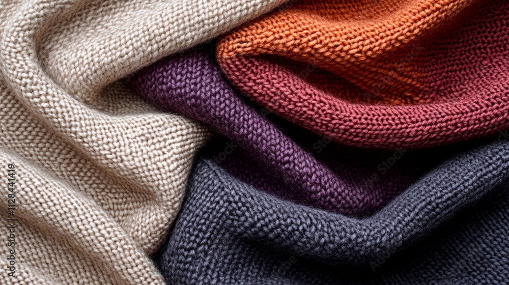 A selection of raw knitted materials arranged in layers, showcasing their delicate patterns, plush textures, and artistic potential. A selection of raw knitted materials arranged in layers, showcasing their delicate patterns, plush textures, and artistic potential.