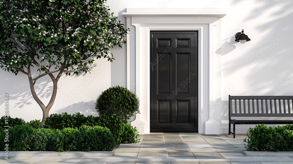 Black Front Door of a White House Surrounded by a Tree and a Bench, Creating a Welcoming and Tranquil Outdoor Space with Elegant Simplicity Black Front Door of a White House Surrounded by a Tree and a Bench, Creating a Welcoming and Tranquil Outdoor Space with Elegant Simplicity