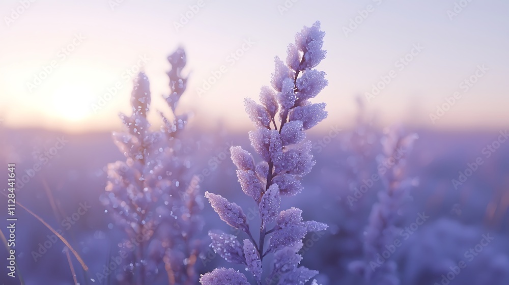 Lavender flowers covered in frost during a peaceful winter sunrise. Lavender flowers covered in frost during a peaceful winter sunrise.