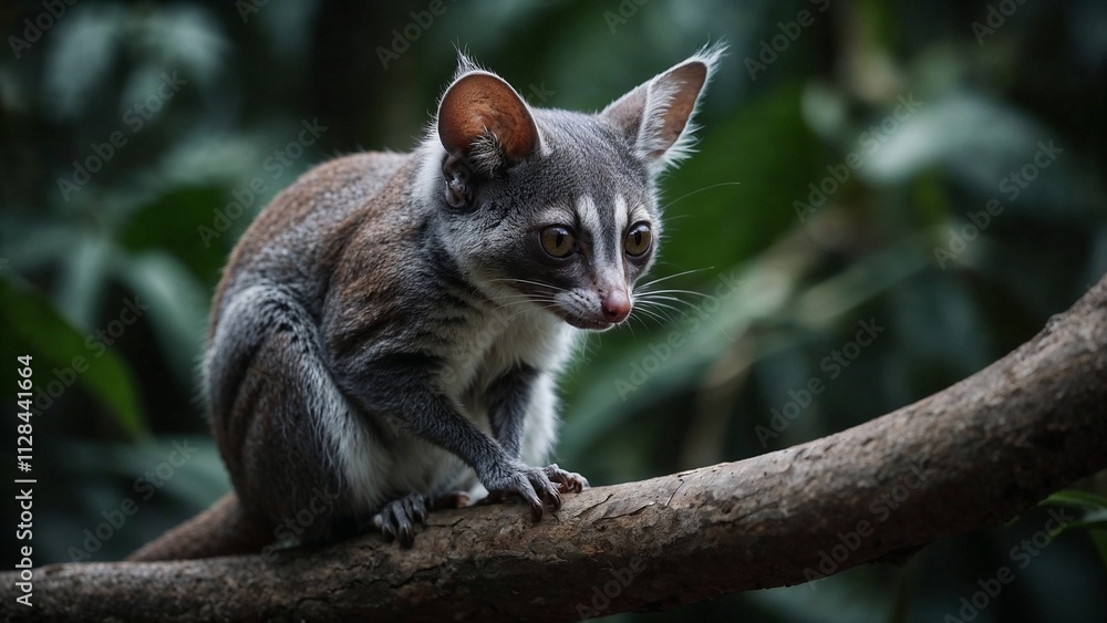 Fototapeta premium Bushbaby (Galago) perched on a tree branch, showcasing its large eyes and playful demeanor in a tropical environment