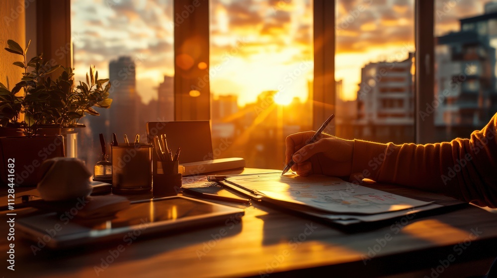 A serene image of a person engaged in writing notes at a desk, illuminated by sunset light highlighting modern decor and a beautiful outdoor view, symbolizing productivity and inspiration. A serene image of a person engaged in writing notes at a desk, illuminated by sunset light highlighting modern decor and a beautiful outdoor view, symbolizing productivity and inspiration.