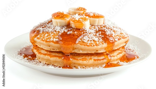 Delicious pancakes topped with bananas and drizzled with syrup, isolated on white.
