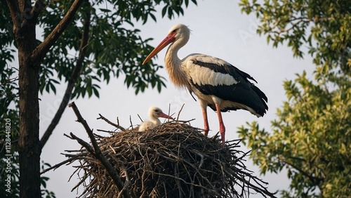 Stork and its chick standing in a nest on a tree branch, surrounded by lush greenery for wildlife photography