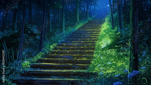 Brick staircase in the forest. Illustrations that look like a scene from an anime or game background. Blue sky, sun, clouds, sunset, night, fog, snow, rain, autumn, etc. photo