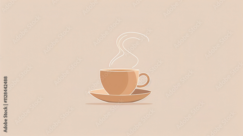 Fototapeta premium Hot coffee cup with steam rising on a saucer against a warm beige background