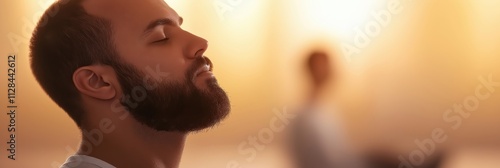 A serene portrait of a man with eyes closed in deep meditation, exuding calm and tranquility, emphasizing the significance of mindfulness and inner constancy amid chaos.