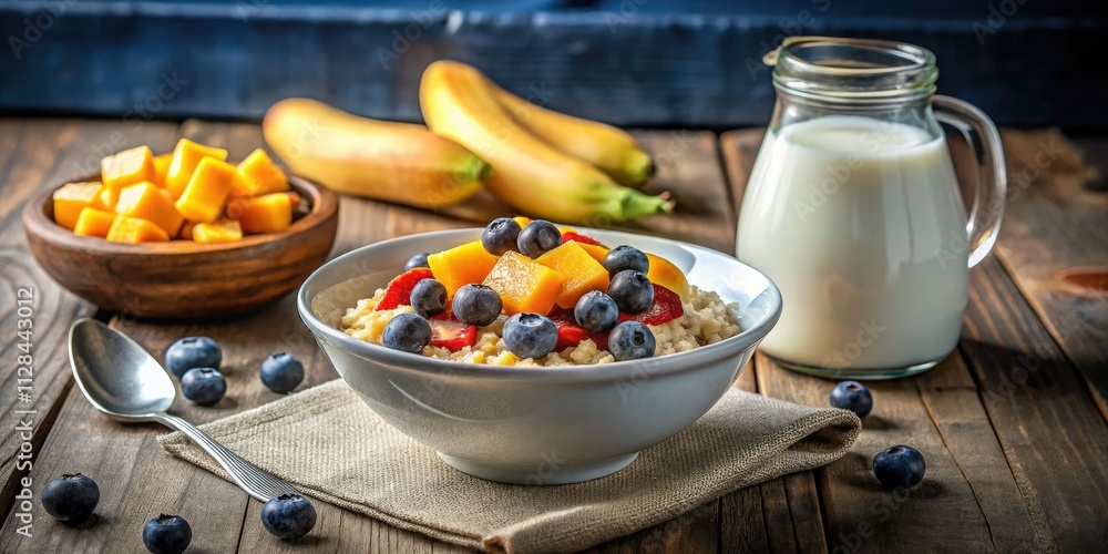 Low-light captures a simple breakfast: creamy porridge with mango, blueberries, banana, and grain. Low-light captures a simple breakfast: creamy porridge with mango, blueberries, banana, and grain.
