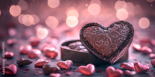  Heart Shaped Chocolate Box Surrounded by Red Hearts