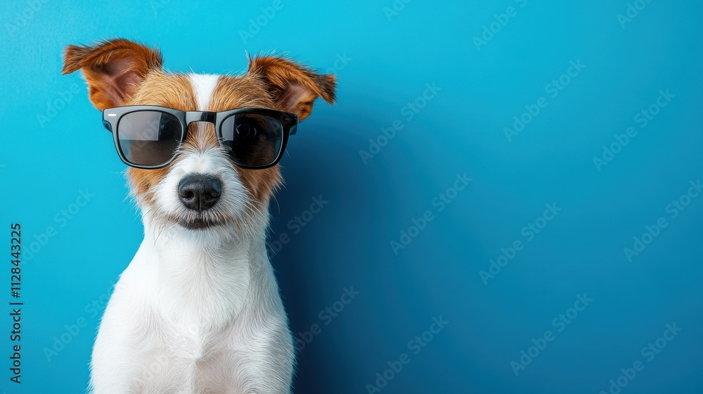 Cute Jack Russell terrier dog wearing sunglasses against a blue background. Perfect for pet, summer, or fun themed projects. Cute Jack Russell terrier dog wearing sunglasses against a blue background. Perfect for pet, summer, or fun themed projects.