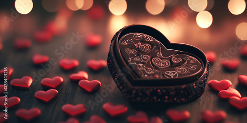  Heart Shaped Chocolate Box Surrounded by Red Hearts