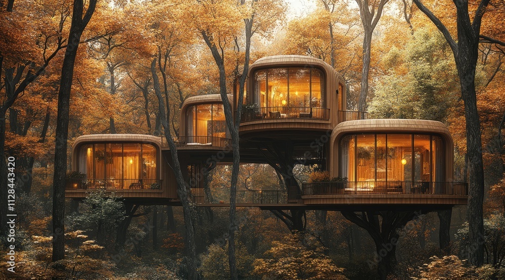 Obraz premium Three modern treehouses nestled in an autumnal forest, illuminated from within.