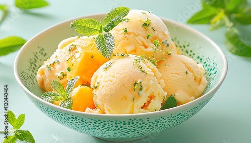 Refreshing bowl of ice cream with mint leaves and tropical fruits. photo