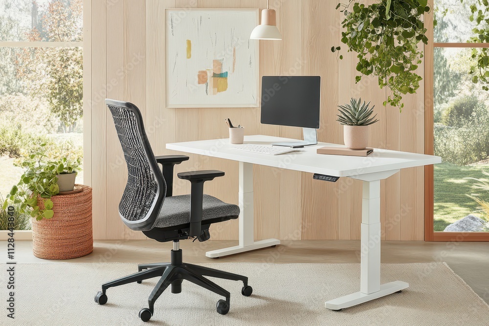 Modern Home Office Setup with Ergonomic Chair and Adjustable Standing Desk near Window Modern Home Office Setup with Ergonomic Chair and Adjustable Standing Desk near Window
