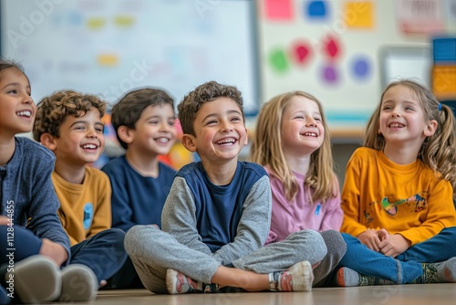 Cheerful children are happily sitting on the classroom floor