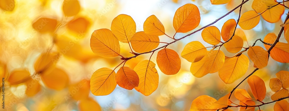 Autumn leaves rest on a branch, sun shining through, illuminating Autumn leaves rest on a branch, sun shining through, illuminating