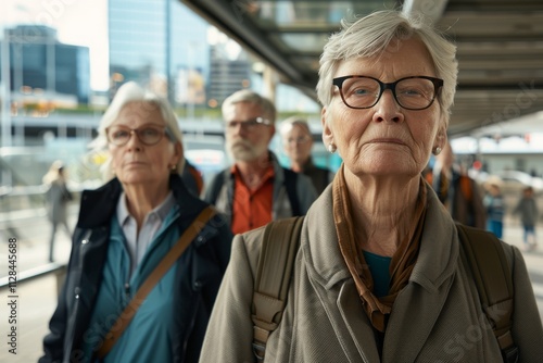 Portrait of a senior woman with her family walking in the city