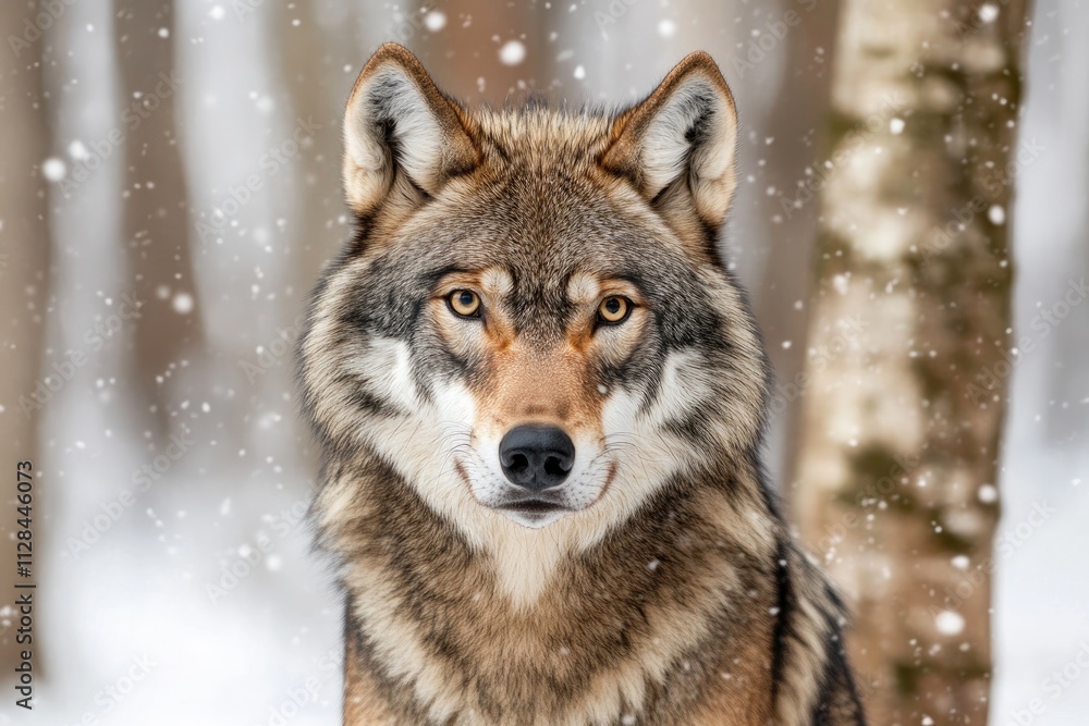 A coyote is currently standing in the snow, intently looking at the camera