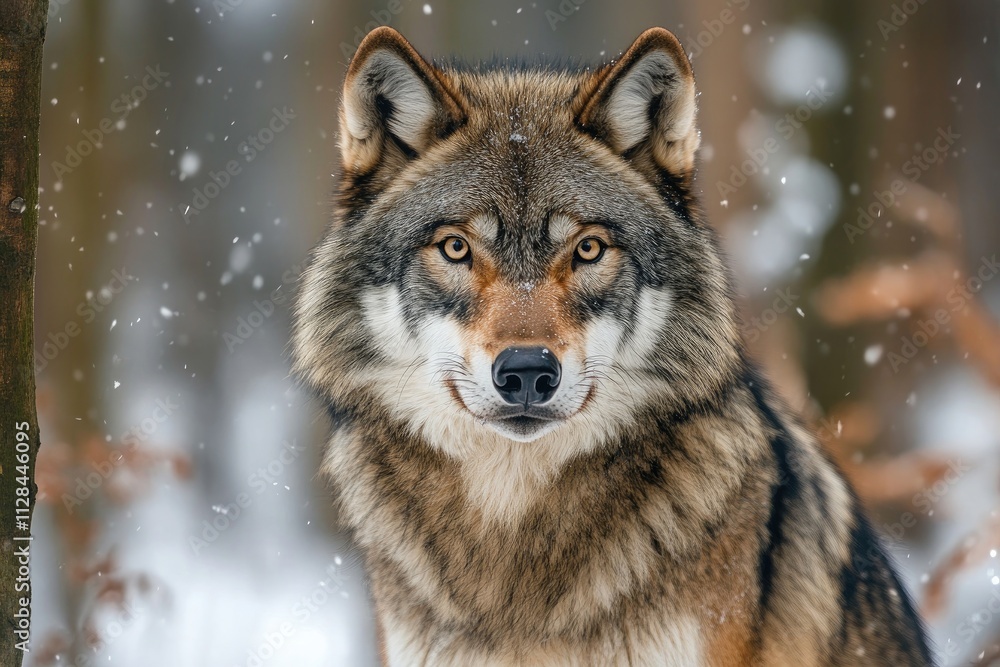 A coyote is currently standing in the snow, intently looking at the camera A coyote is currently standing in the snow, intently looking at the camera