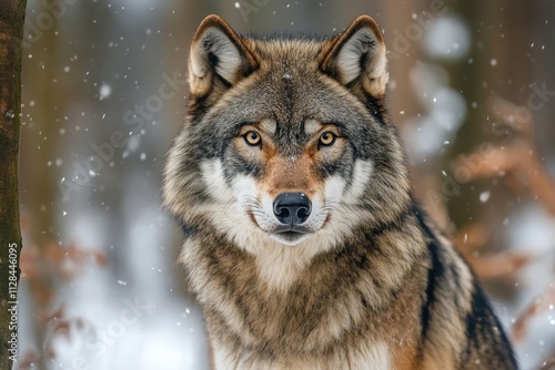 A coyote is currently standing in the snow, intently looking at the camera