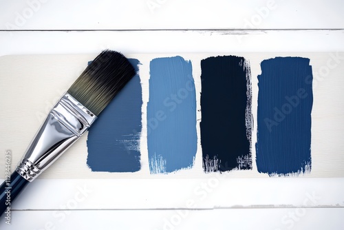 An artistic display of varying shades of blue paint on a clean white wooden surface with a paintbrush showcases a vibrant interplay of colors designed for creative artistic endeavors. photo