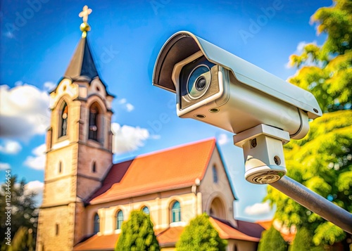 CCTV Camera Surveillance with Church in Background - Security Monitoring, Urban Architecture, Macro Photography, Religious Sites