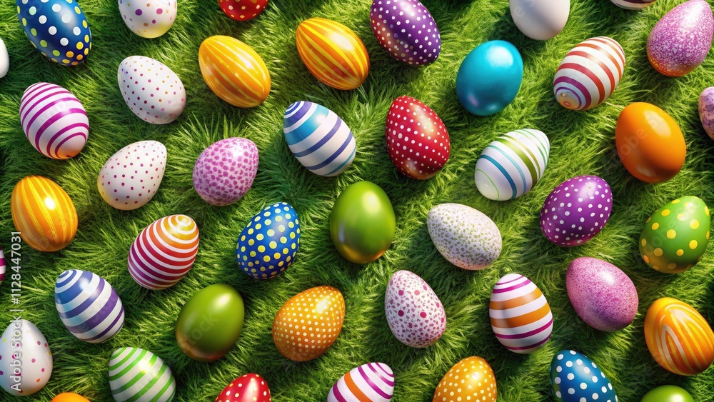 Colorful Easter Egg Patterns on Grass - Spring Holiday Background Colorful Easter Egg Patterns on Grass - Spring Holiday Background