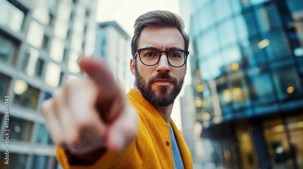 A bearded man wearing glasses points intently towards the viewer in an urban chic setting, embodying contemplation and sophistication, with a textured city background enhancing the mood. A bearded man wearing glasses points intently towards the viewer in an urban chic setting, embodying contemplation and sophistication, with a textured city background enhancing the mood.