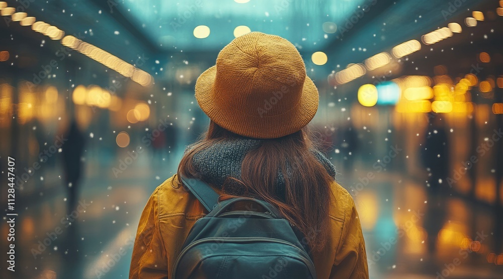Woman in yellow raincoat with backpack walks through a snowy city at night. Woman in yellow raincoat with backpack walks through a snowy city at night.