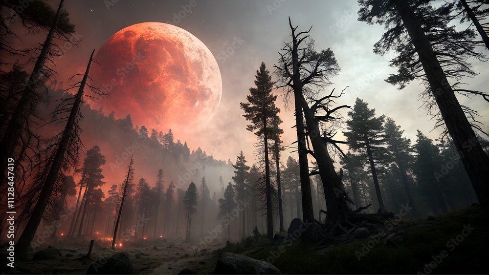 Fototapeta premium Crimson Moonrise over Smoky Forest Path: Eerie, low-angle shot, firelight, silhouetted trees. 