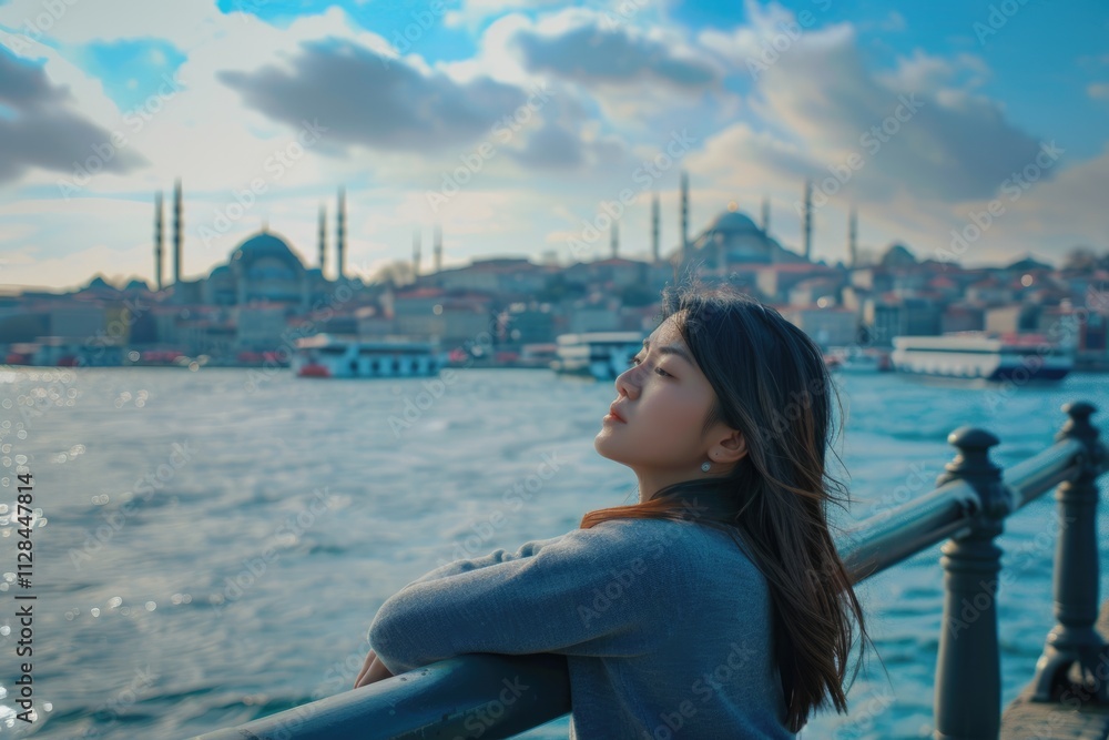 Asian woman admiring Istanbul cityscape from bridge. Asian woman admiring Istanbul cityscape from bridge.