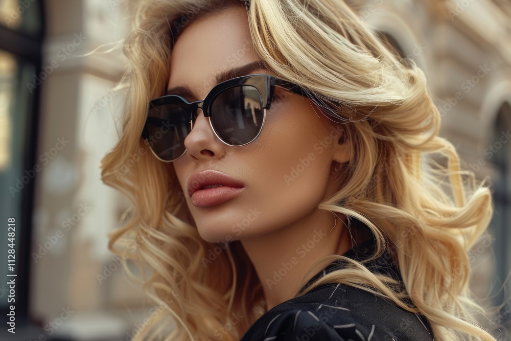 Blonde woman with elegant style and wavy hair outdoors. Blonde woman with elegant style and wavy hair outdoors.