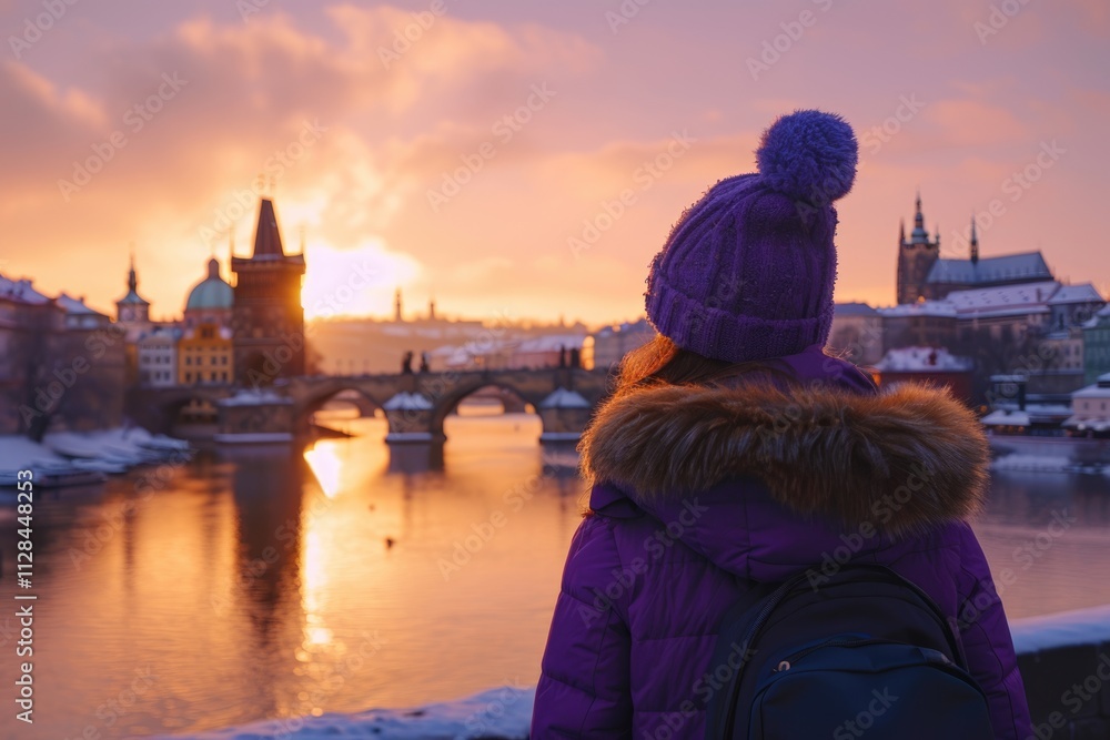 Obraz premium Female traveler in Prague admiring Charles Bridge at sunset.