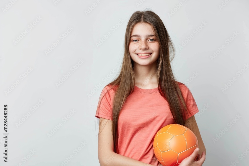 Full body view of cheerful girl coach holding ball. Full body view of cheerful girl coach holding ball.