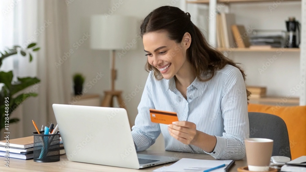 Happy office manager shopping online, browsing web stores, buying annual mobile app membership spending her salary holding orange credit card in hand
Happy office manager shopping online, browsing web stores, buying annual mobile app membership spending her salary holding orange credit card in hand