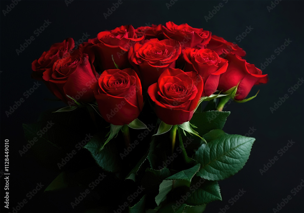 Bouquet of red roses with green leaves, black background, horizontal, copy space Bouquet of red roses with green leaves, black background, horizontal, copy space