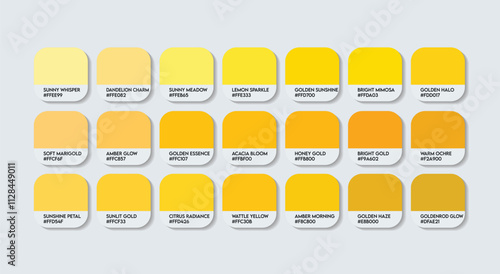 Golden Wattle (Australia) Flower Color Palette, Golden Wattle Flower Color Guide Palette with Color Names. Catalog Samples of Acacia pycnantha Flower colors with RGB HEX code. Yellow Color Palette photo