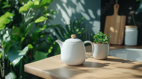 Wallpaper Mural Charming Kitchen Still Life with Teapot and Potted Plant Bright Natural Lighting Cozy Home Environment Aesthetic Viewpoint for Relaxation Torontodigital.ca