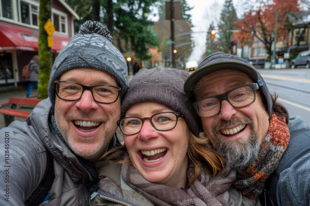 Portrait of a happy family of three in the city in autumn Portrait of a happy family of three in the city in autumn