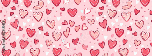 Pink background with whimsical red and white hearts in playful scattered pattern, cheerful romantic design illustration