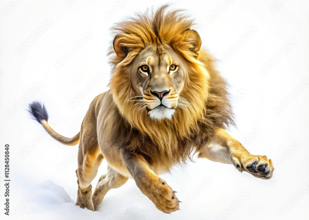 Obraz premium A majestic lion's airborne leap, isolated against a stark white background.