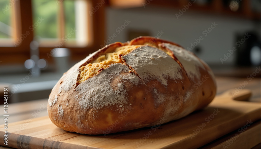 wallpapers A crusty artisan bread loaf resting on a wooden cutting board in a cozy kitchen setting, freshly baked and ready to be enjoyed. AI generated. wallpapers A crusty artisan bread loaf resting on a wooden cutting board in a cozy kitchen setting, freshly baked and ready to be enjoyed. AI generated.