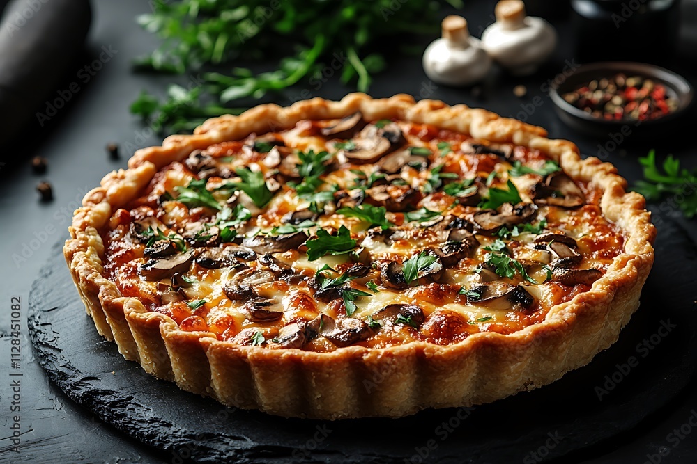 Savory mushroom and cheese tart on a dark background Savory mushroom and cheese tart on a dark background