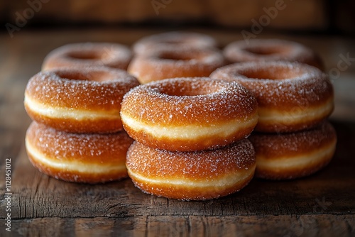 A stack of fresh, sugar-coated donuts on a rustic wooden table.