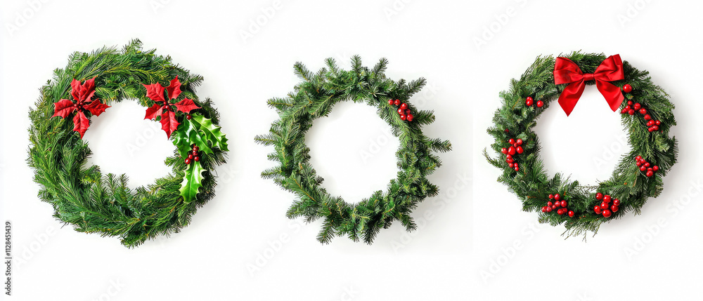 Set of beautifully decorated Christmas wreaths with pinecones, red ribbons, berries on a white background. Template for festive designs, holiday marketing, and seasonal decor. Generative ai Set of beautifully decorated Christmas wreaths with pinecones, red ribbons, berries on a white background. Template for festive designs, holiday marketing, and seasonal decor. Generative ai