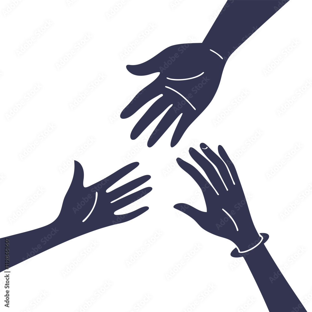 Obraz premium Four hands reaching together teamwork collaboration